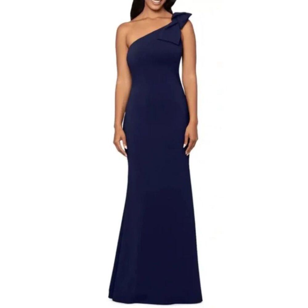 AQUA FORMAL Womens Navy Lined Bow Accent Sleeveless Formal Mermaid Dress 2